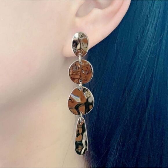 Hammered Circle Drop Earring Silver Color - Picture 7 of 8